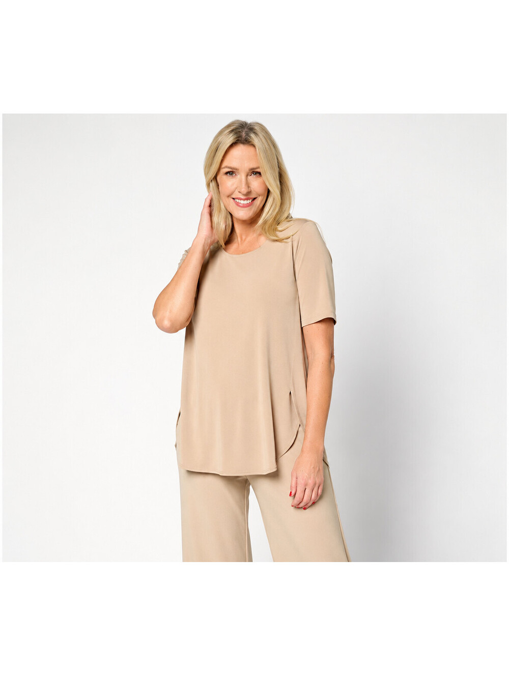 Susan Graver Modern Essentials Liquid Knit Short Sleeve Tunic Warm Taupe Size 1X